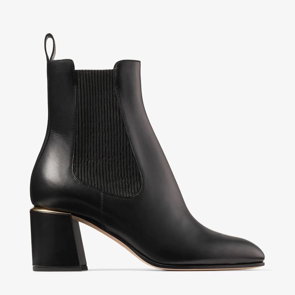 Jimmy Choo Thessaly Heeled Chelsea‎ Boots Black Leather Gold Trim Sz 41 / 11